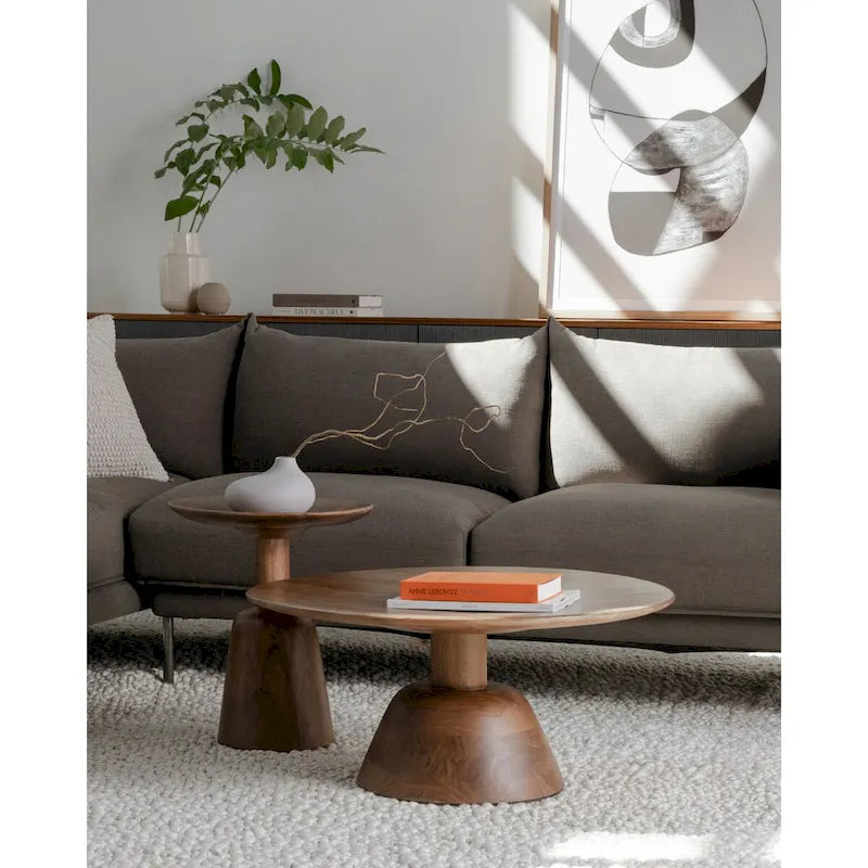 Table basse piédestal ronde moderne pour 1 – Bois massif, 30L x 30P x 14H, Noir / Naturel
