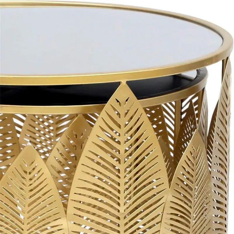 Table gigogne ronde en métal doré, simple, avec accent feuille