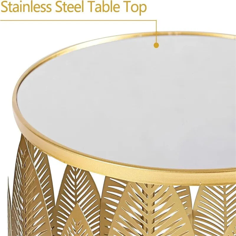 Table gigogne ronde en métal doré, simple, avec accent feuille