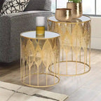 Table gigogne ronde en métal doré, simple, avec accent feuille