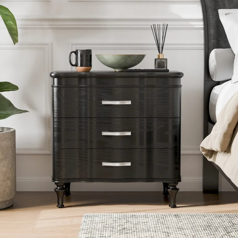 Table de chevet noire et argentée à 3 tiroirs, pour 1